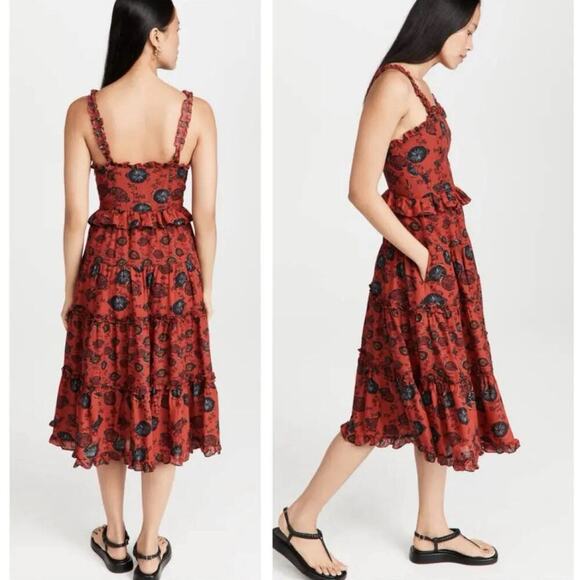 ULLA JOHNSON Midi Sun Dress Poppy Floral Ruffle Pockets Cotton 4 Square Neck Red - Picture 2 of 8